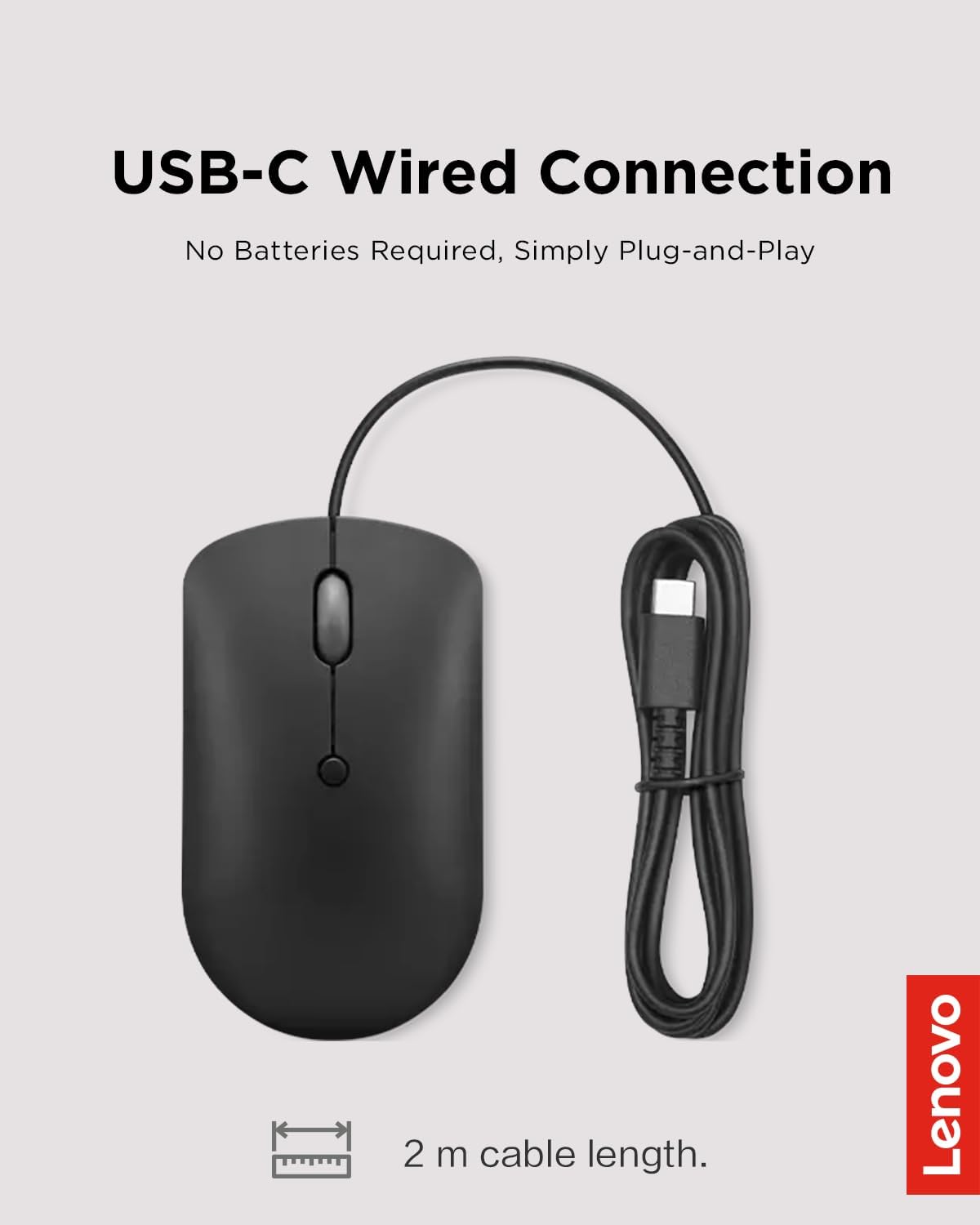 Lenovo 400 USB-C Compact Wired Mouse - Portable Black Design for Notebooks & Monitors