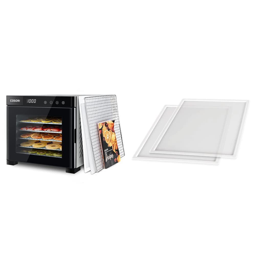 COSORI Food Dehydrator Machine(50 Recipes),6 Stainless Steel Trays with Digital Timer and Temperature Control& Food Dehydrator Fruit Roll Sheets for Jerky, Meat, Beef, Fruit, Vegetable,BPA-Free, 2pack