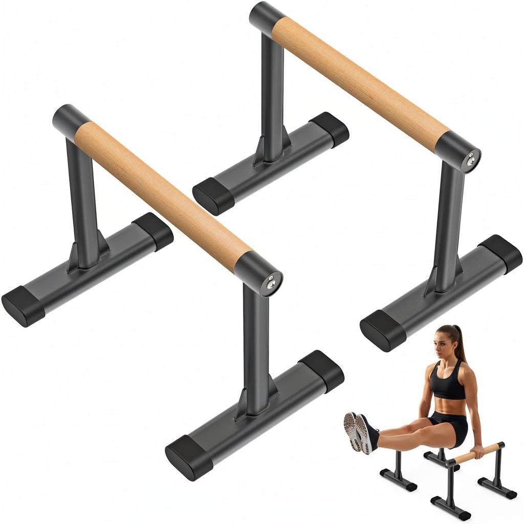 Kipika Parallette Bars for Calisthenics - Push Up & Dip Bar with Wood Handles, Rock-Free Support for Handstand, L-Sit & Home Strength Training, 600LB Capacity, 12" Height (Wood)