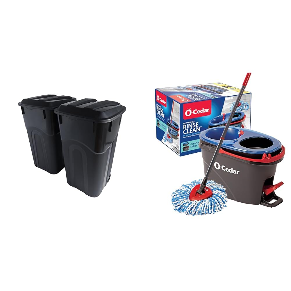 United Solutions 32 Gallon 2 Pack Outdoor Trash Can Bundle with O-Cedar EasyWring Microfiber Spin Mop and Bucket Floor Cleaning System