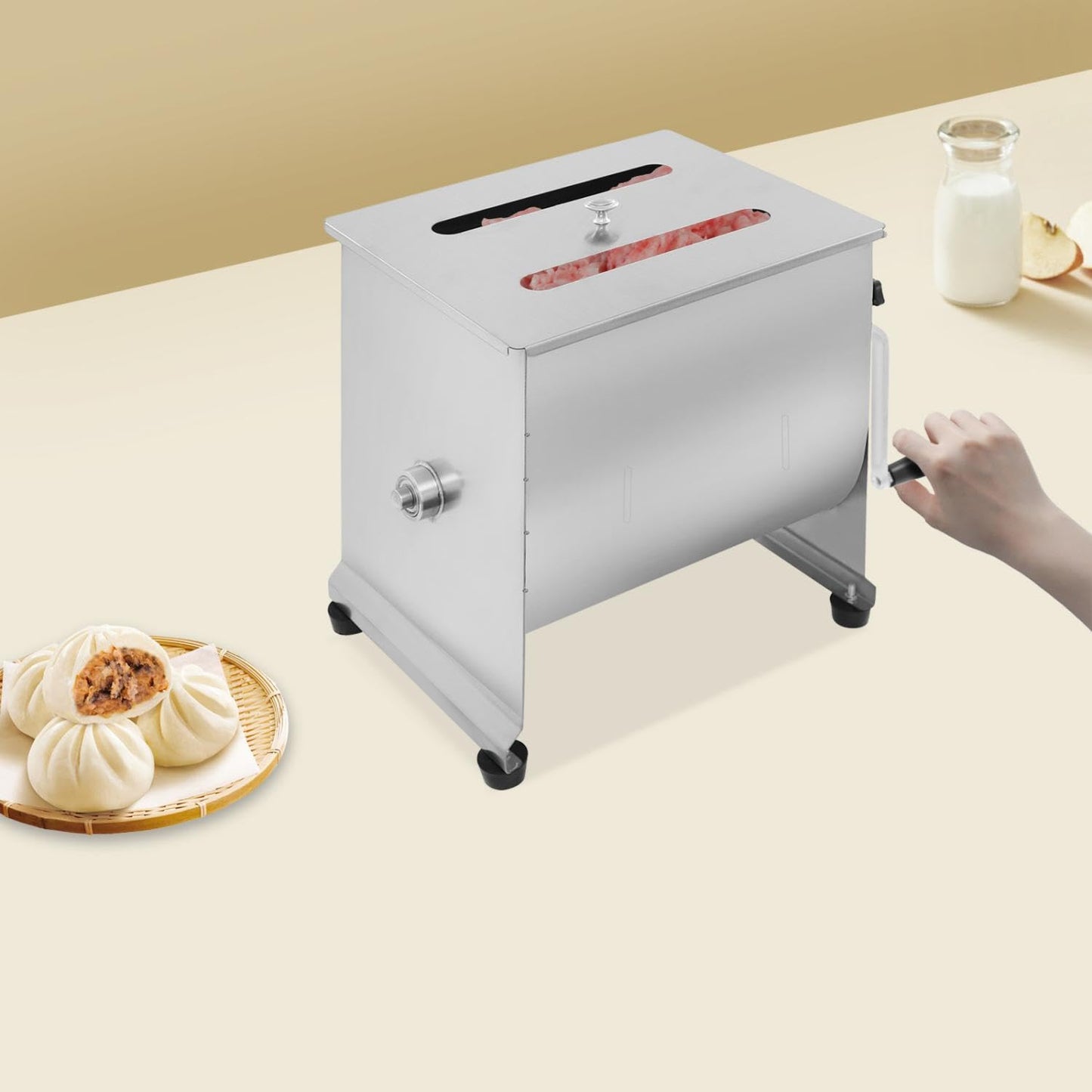 44 lbs Manual Meat Mixer, Stainless Steel Commercial Sausage Mixer Machine with Cover and Easy-Turn Crank for Home Kitchen, Restaurants Effortless Meat Mixing, Silver