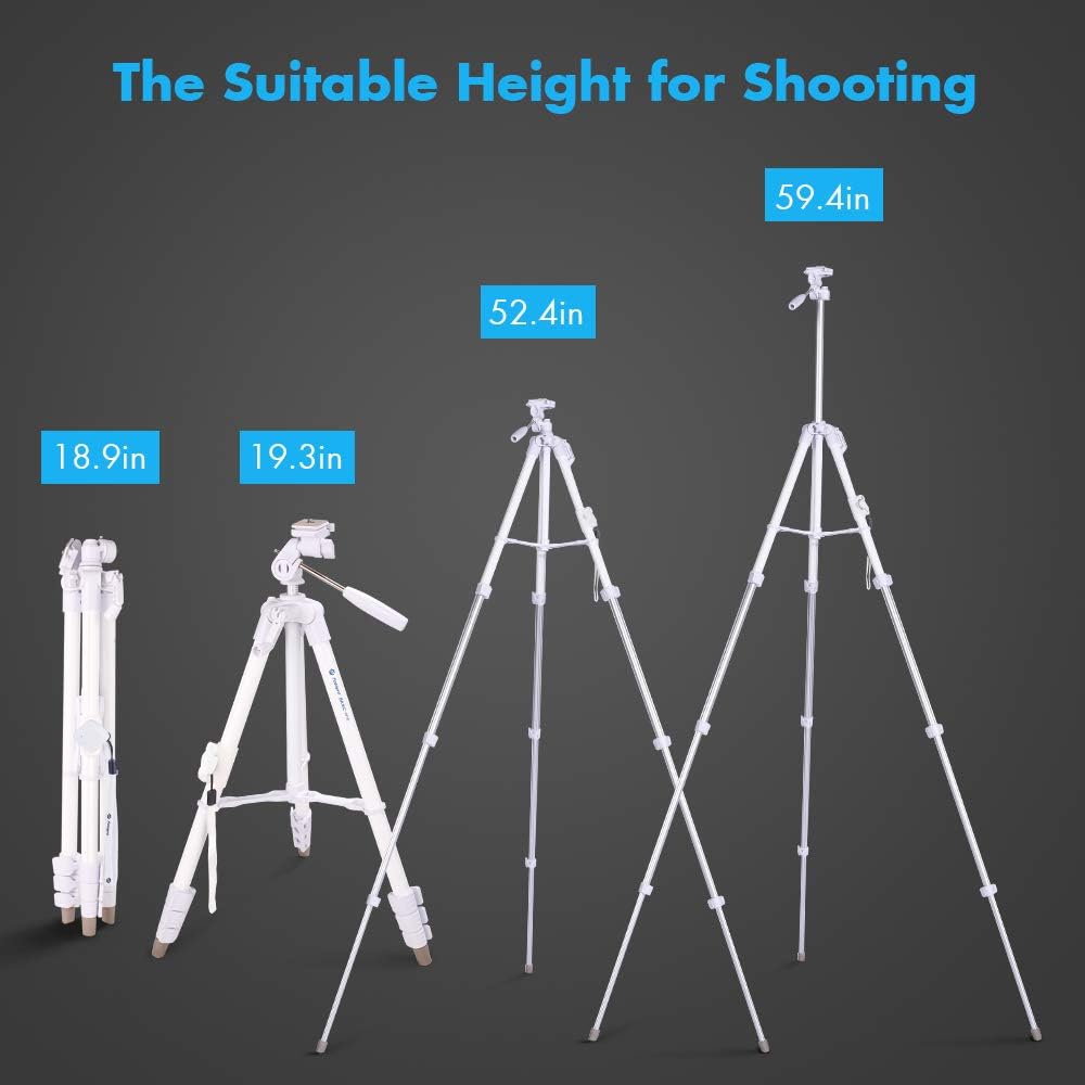 Fotopro 59'' 3-Way Camera Tripod, Portable Tripod for iPhone with Bluetooth Remote, Aluminum Video Camera Tripod