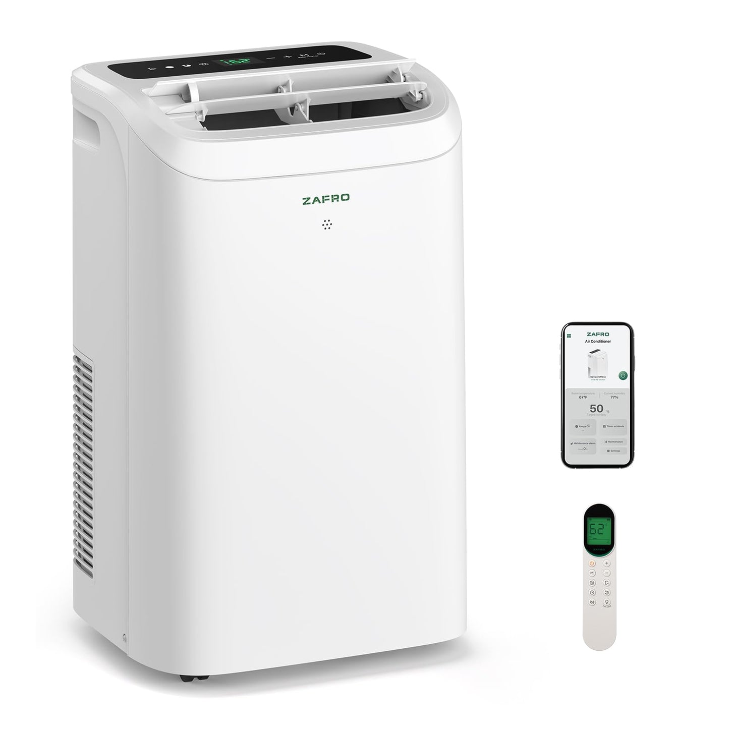 ZAFRO Portable Air Conditioner, 12050 BTU (8050 BTU SACC), Cools Rooms up to 500 Sq.Ft, Smart Portable AC Unit with Ultra-Quiet (44dB), Drainage-Free Cooling, Energy-Efficient, Easy Installation