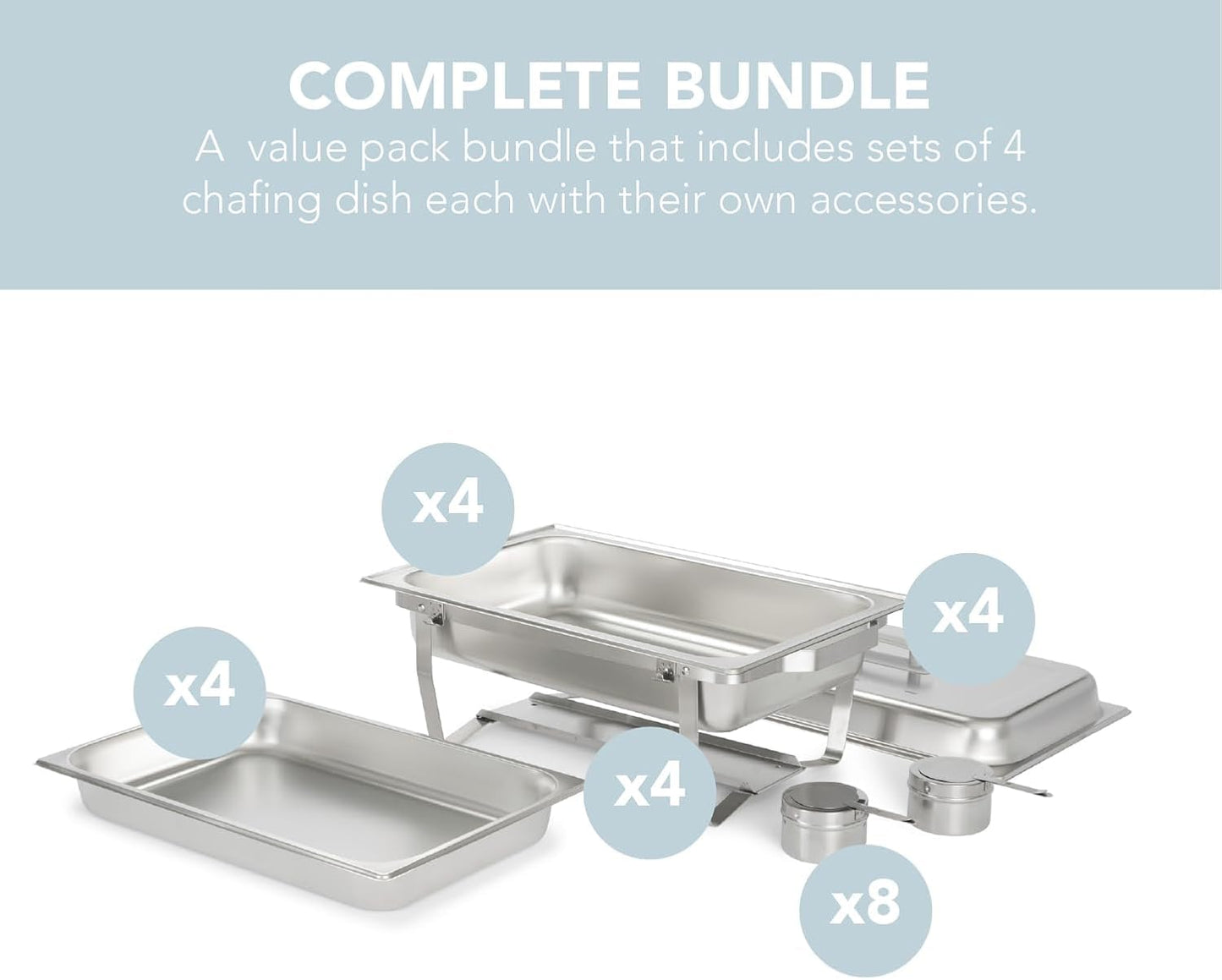 Alpha Living 4 Pack Chafing Dish Full Set – Stainless Steel Catering Chafer with Lids, Pans & Fuel Holders – Buffet Food Warmers for Parties, Events & Weddings (Rolled Edges)
