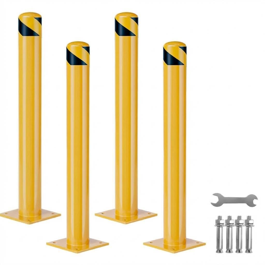 Heavy Duty Steel Safety Bollards 4 Pack, 42 Inch Bollard Posts with Reflective Tape & Anchor Bolts, Removable Parking Bollards for Warehouse, Garage, Parking Lot, Driveway, 4.5 Inch Diameter