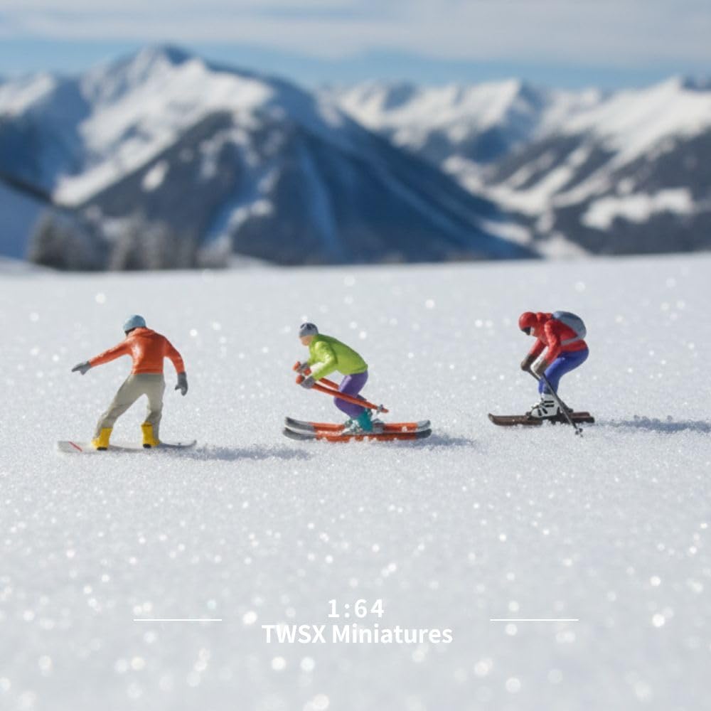 Ski Team Miniature Models - 3pcs 1:64 Scale Skiing Figures for DIY Landscapes & Creative Scenes