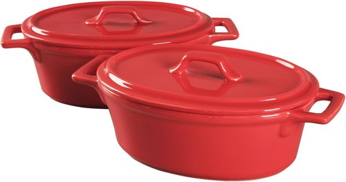 Ceramic Mini Oval Cocotte Set - 10 Ounce Casserole Dishes with Lids & Handles | Red, Oven & Microwave Safe
