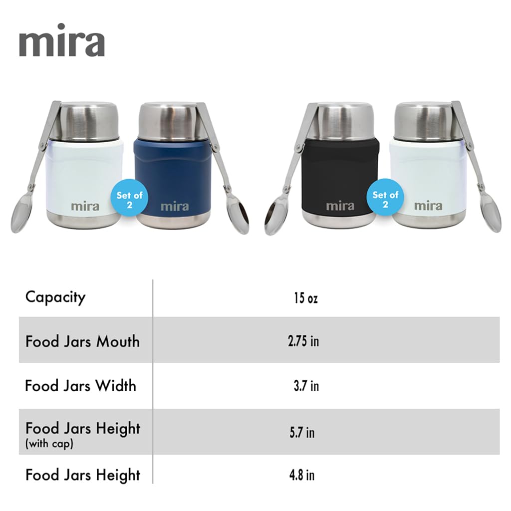 MIRA 2-Pack Food Thermo Set (15 oz) for hot and cold foods - Insulated Stainless Steel Containers with Spoons - 2 Set Black
