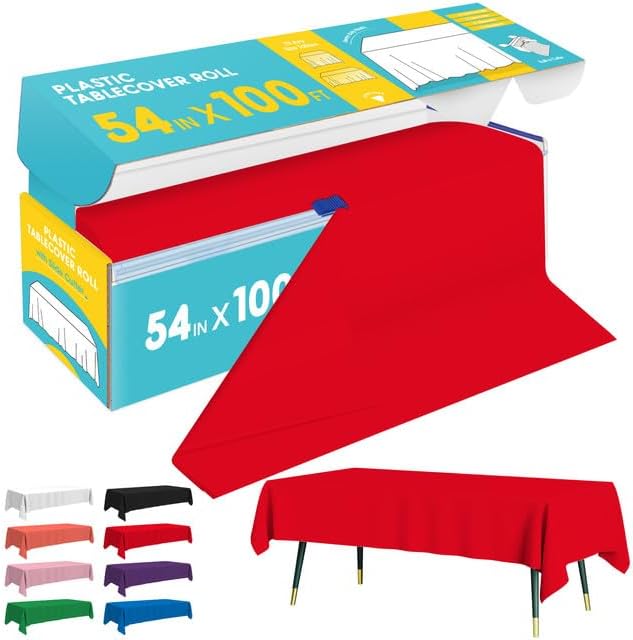 Niuara Red Plastic Table Cover Roll - 54" x 100FT | Disposable Table Cloth with Slide Cutter for Events