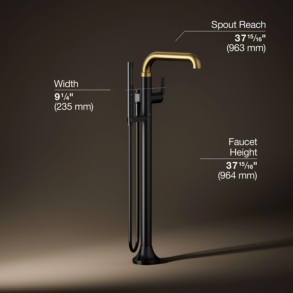 Kohler T27424-4-BMB Tone™ Floor-Mount Bath Filler Trim with handshower, Matte Black with Brushed Moderne Brass