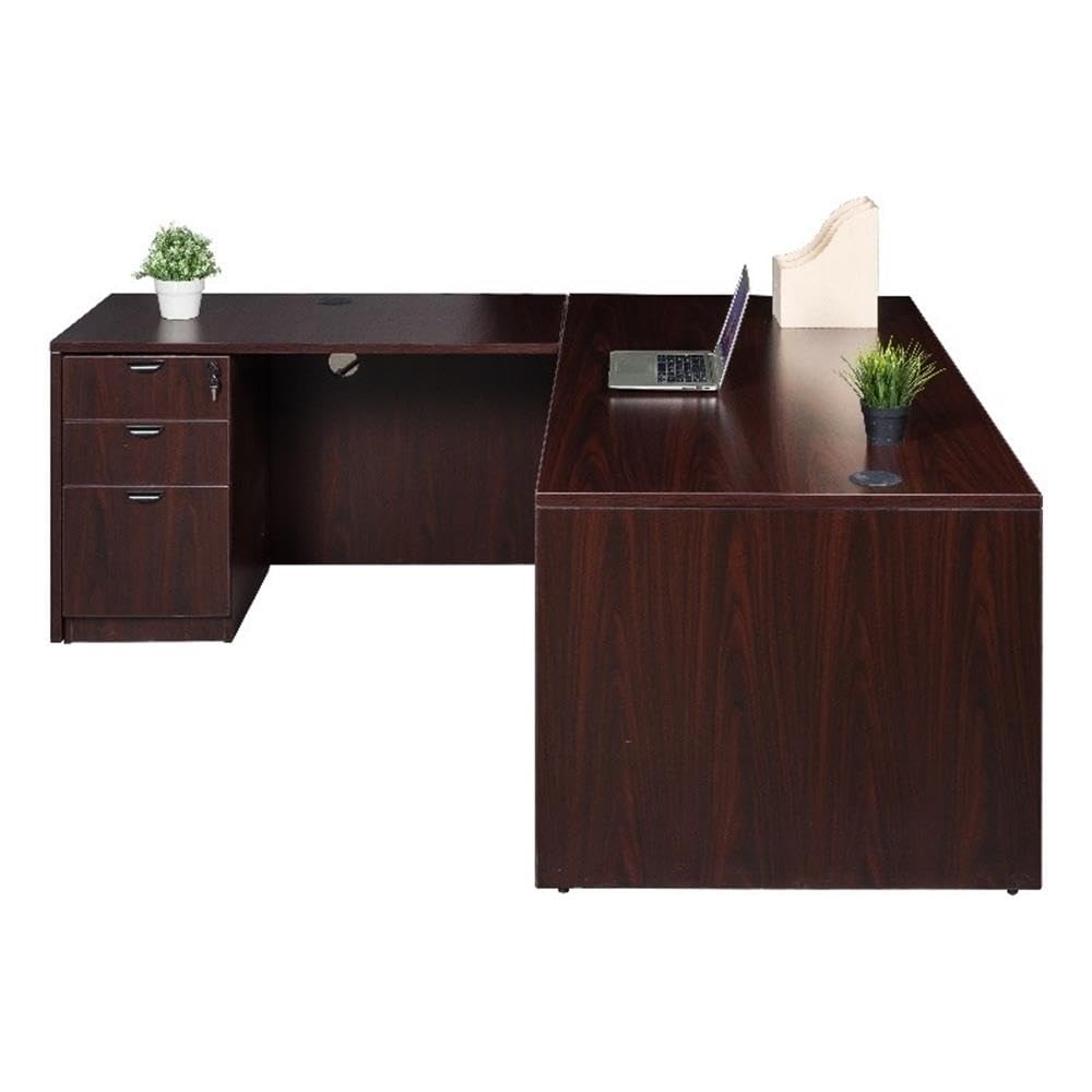 Pemberly Row Contemporary L-Shape Desk with Pedestal in Mahogany