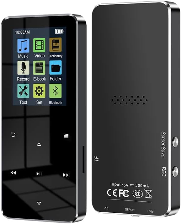 RIJAHO 64GB MP3 5.0 2.0 inch Player with Bluetooth Screen Touch Button Portable Hi-Fi Lossless Music Player Speaker