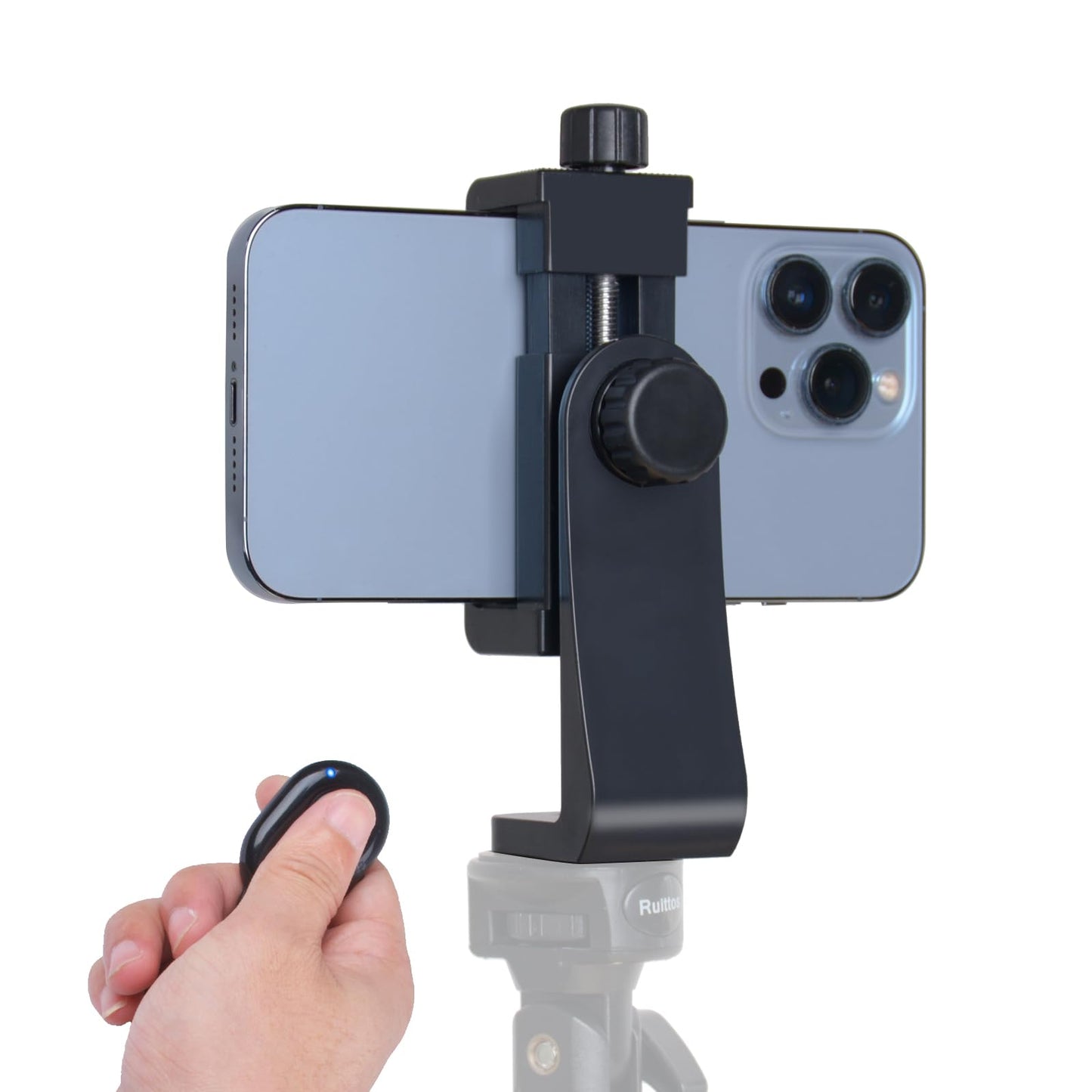 Ruittos Phone Tripod Mount Adapter with Camera Remote Controller, Cell Phone Holder Clip with Adjustable Clamp Compatible with iPhone, Samsung, HTC, Huawei etc., Include Wrist Strap