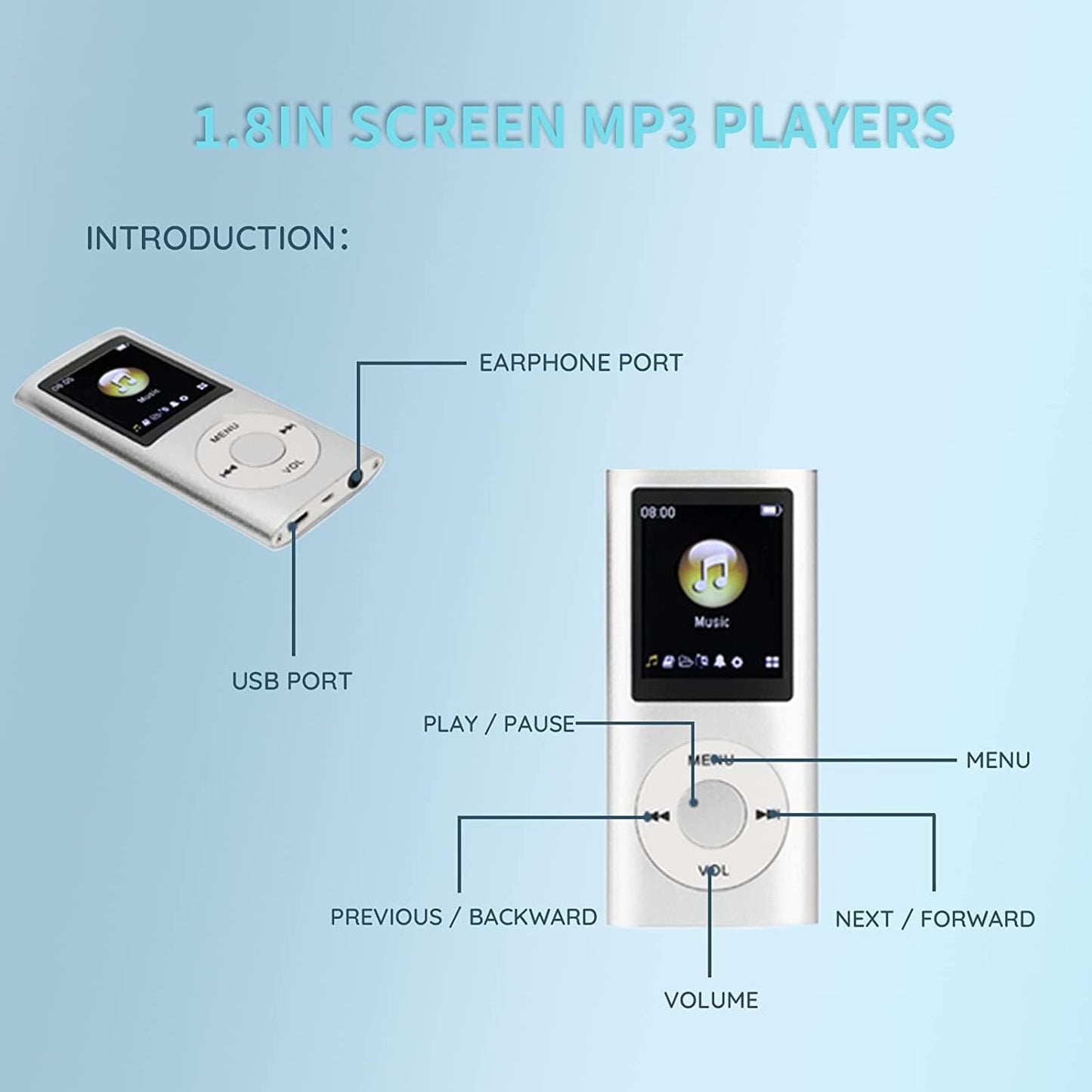 Luqeeg MP3 MP3 1.8 Inch Player, Portable Lossless Sound Slim Music Player with Earphone, LCD Screen Digital Music