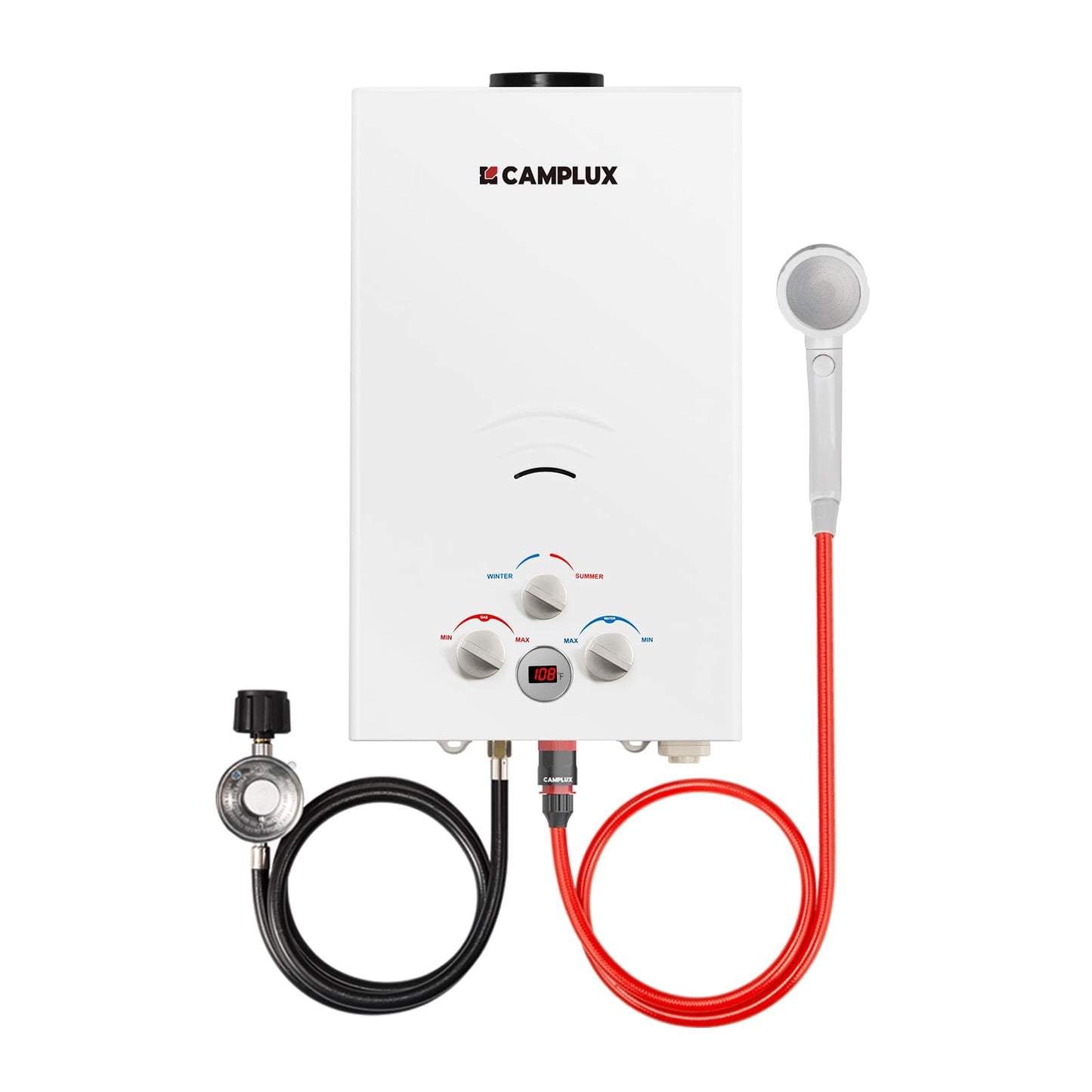 CAMPLUX 2.64 GPM Propane Portable Gas WaterHeater, 68,000 BTU Outdoor Tankless CampingWater Heater with Digital Display, White,BW264
