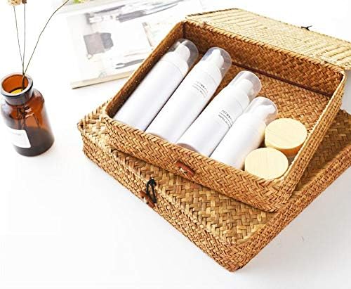 Seagrass Storage Basket Set - Rectangular Woven Bins with Lid for Organizing Snacks & Toys | Natural Finish (Large & Small)