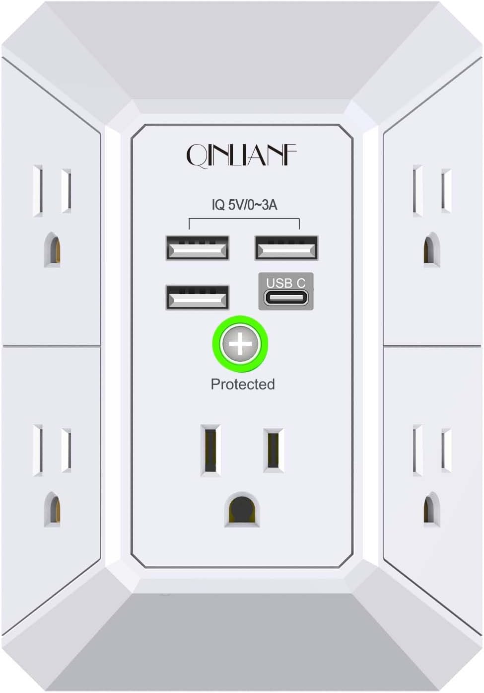 QINLIANF Wall Charger - 5 Outlet Surge Protector with 4 USB Ports | 3-Sided 1680J Power Strip for Home & Office