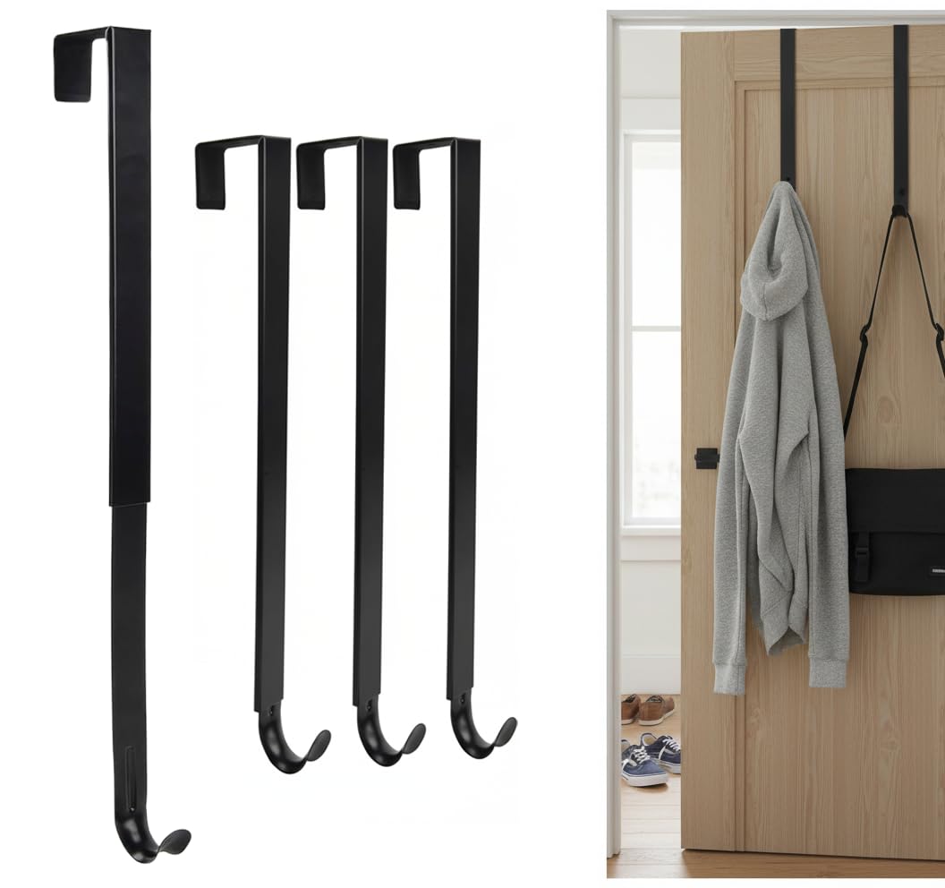 TWEJMZU Over The Door Hooks with Shock Absorber Pads, 4-Pack Adjustable Heavy Duty Long Door Hooks for Hanging from 15-25 Inch, No Drill Towel Hook, Coat Rack for Bathroom Door, Bedroom, Entryway
