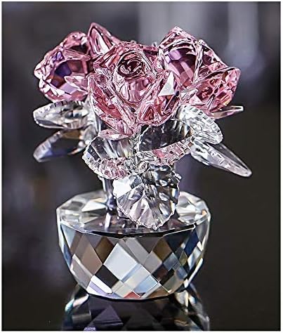 QFkris Pink Crystal Rose Bouquet - Elegant Glass Flower Figurine | 2.8" Home Decor Ornament for Women