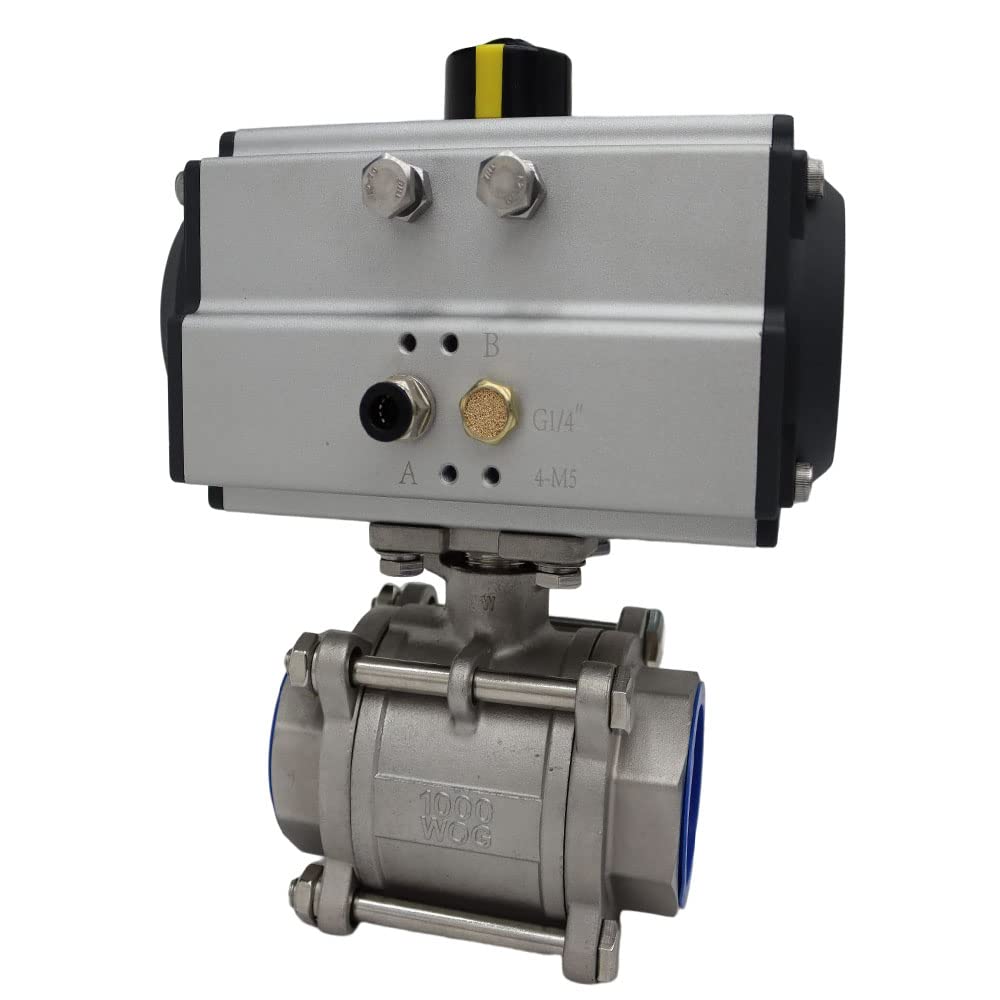 INTSUPERMAI Three-Piece 2inch Pneumatic Actuated Ball Valve Single Acting Globe Threaded 304 Stainless Steel for Automatic Control System