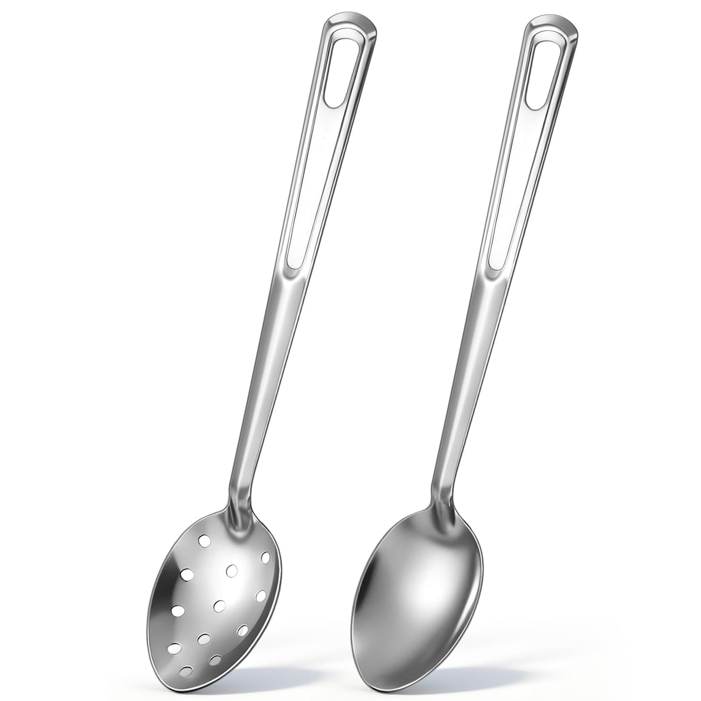 Teecyhooo 2 Pieces Silver Stainless Steel 15" Long Handle Basting Spoon Steel Solid and Slotted Spoon Set for Kitchen Serving Cooking Basting Accessories