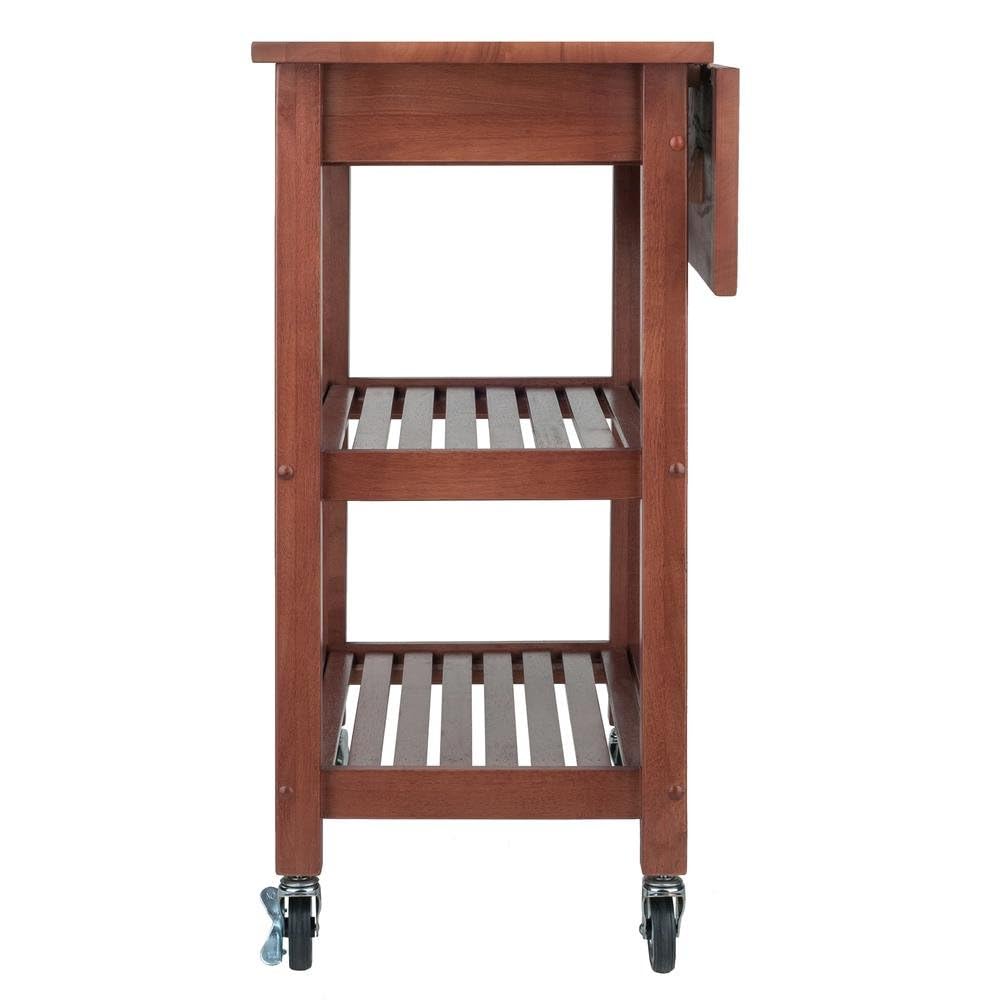 Furnifact Kitchen Cart, Drop Leaf Extension, Slatted Shelf, 2 Locking Casters, Solid Composite Wood, Brown