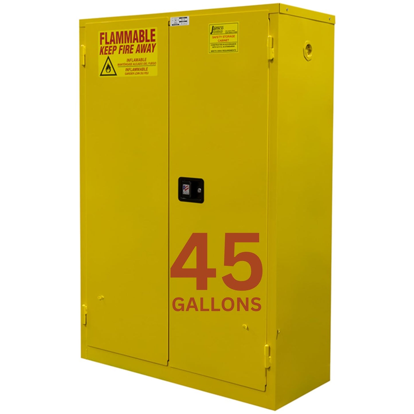 Jamco 45 Gallon Flammable Safety Cabinet, Steel Flammable Storage Cabinet with Lockable Manual Closing Doors, Non Forkliftable, 43" x 18" x 65", Yellow