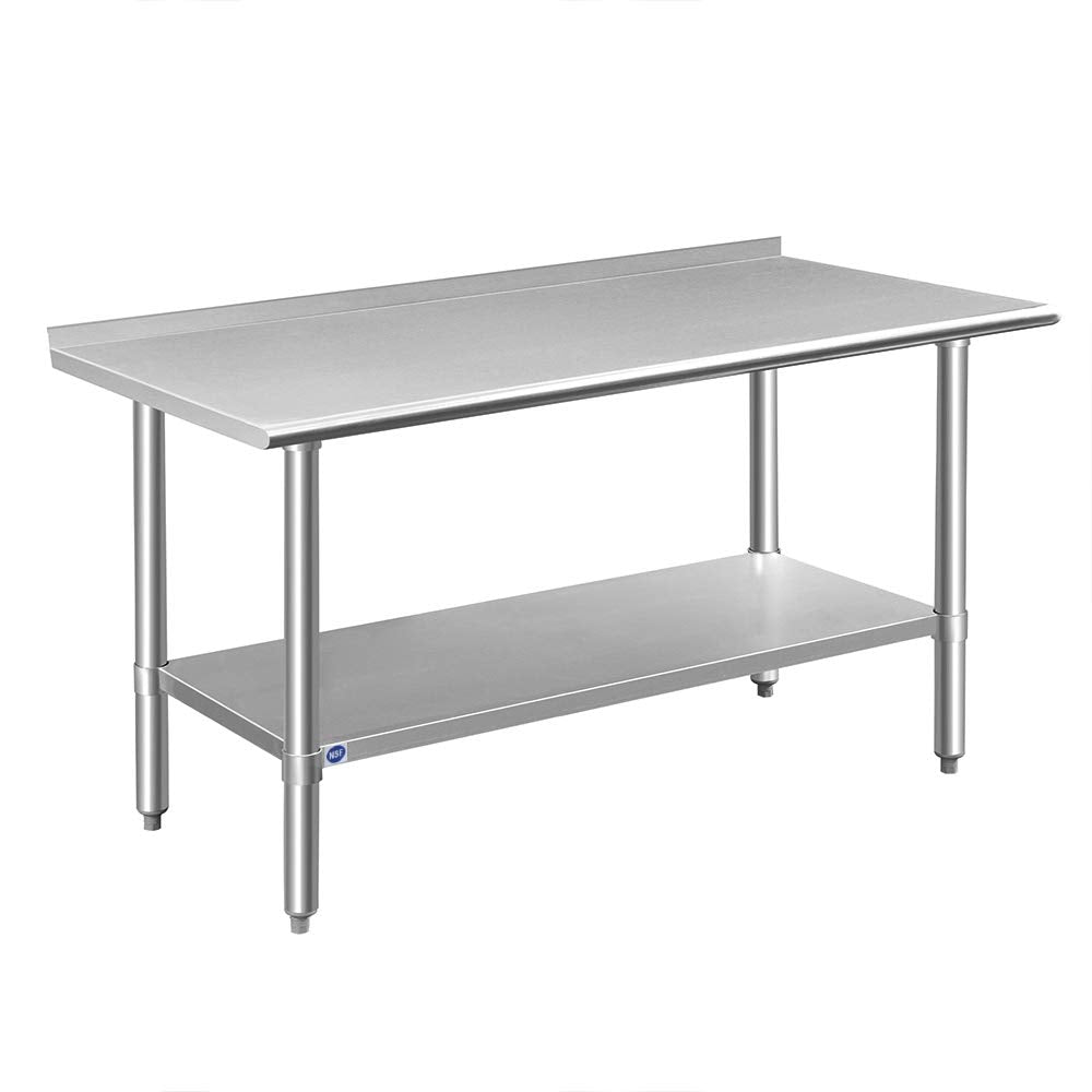 ROCKPOINT Stainless Steel Table for Prep & Work with Backsplash 24x60 Inches, NSF Metal Commercial Kitchen Heavy Duty Table with Adjustable Under Shelf and Table Foot for Restaurant, Home and Hotel