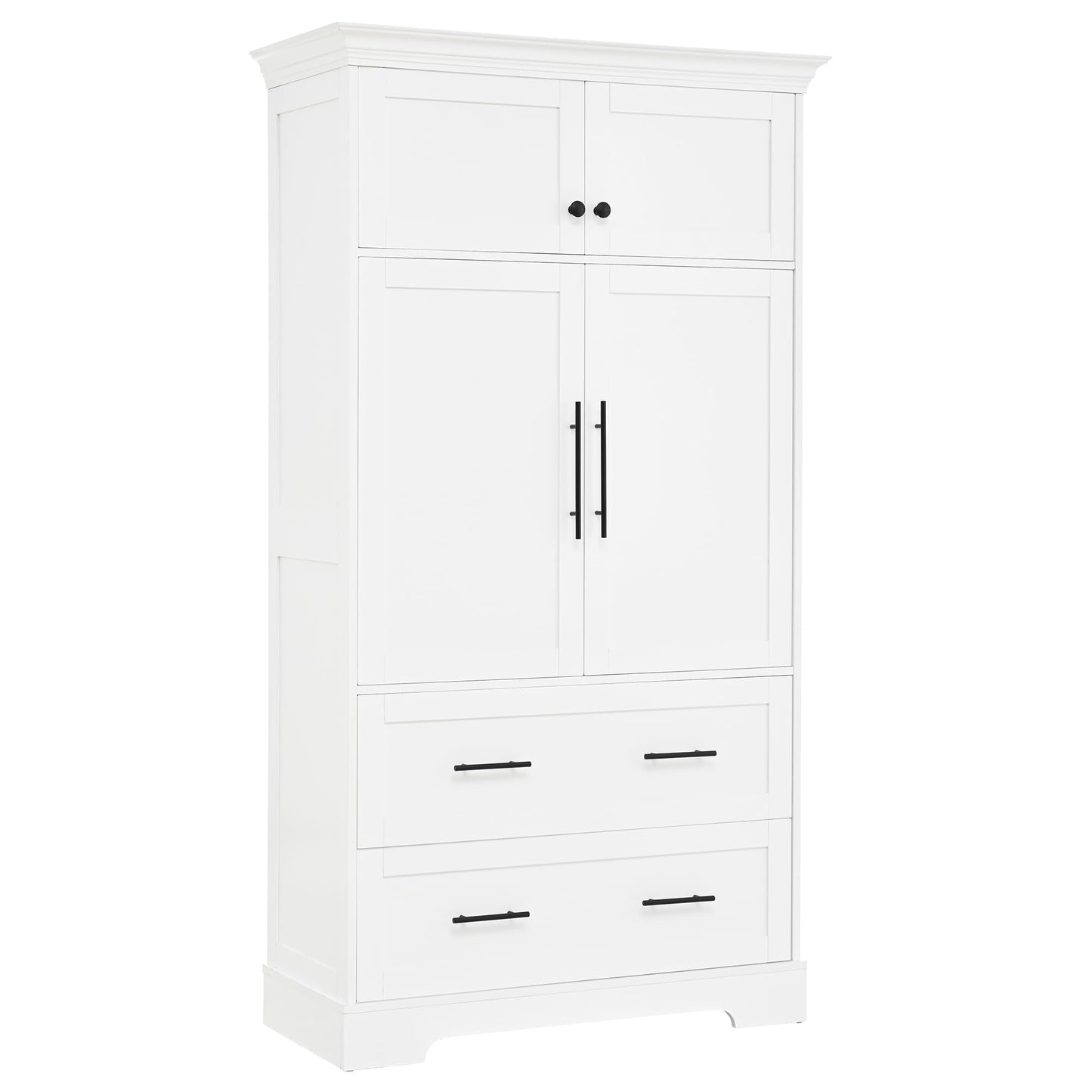 Merax 72.6" Farmhouse Kitchen Pantry Cabinet with Pull-Out Trays & Drawers, Freestanding Pantry with Cake Pan Storage, 4-Door Shaker Style Storage Cabinet, 40" L x 18" W, White