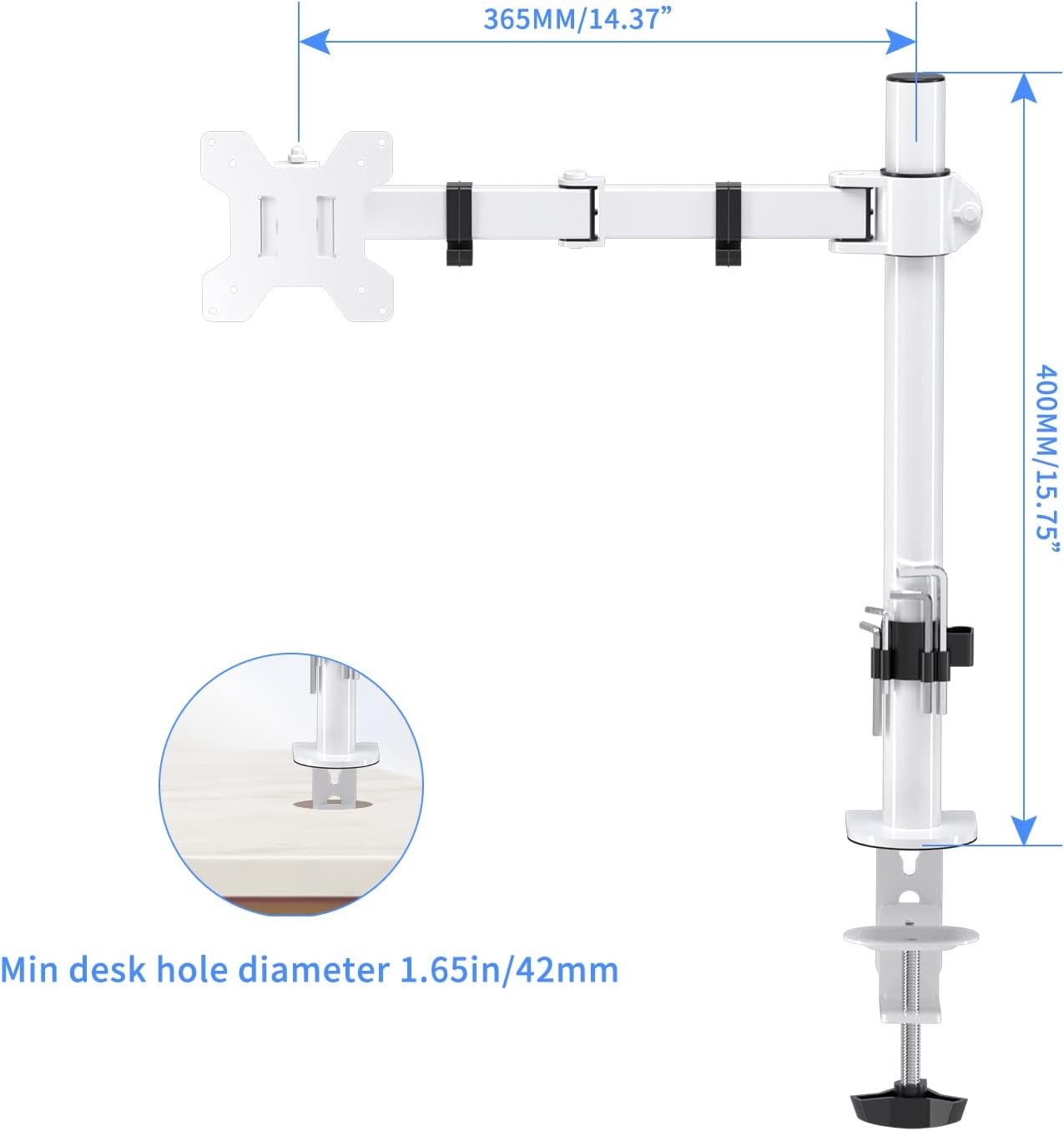 suptek 1 13" 32" 15.75 inch 75x75mm 100x100mm,White (MD9421W) Single Monitor Arm Desk Mount Fully Adjustable Monitor