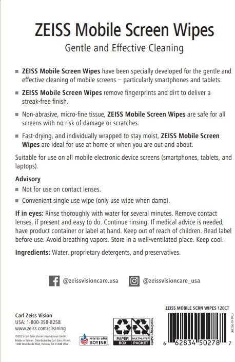 120 Count ZEISS Pre-Moistened Wipes, Screen Cleaner
