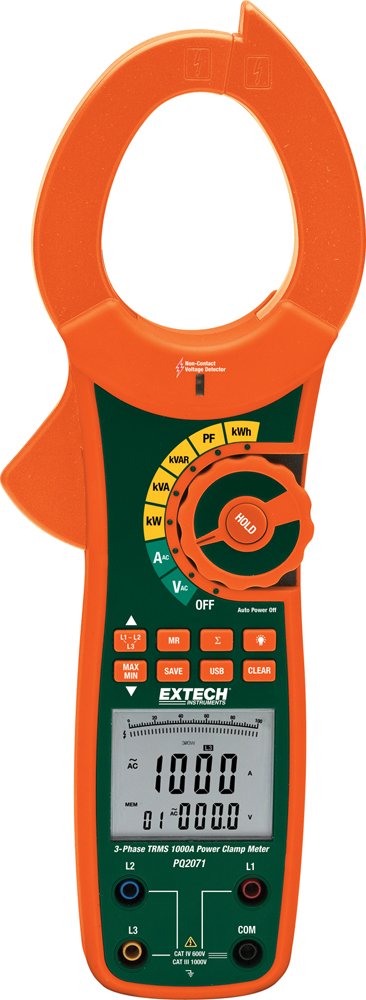 Extech PQ2071-1000 A 1-/3‑Phase True RMS Power Clamp Meter – AC Current, Voltage, Frequency, Power Measurements (kW, kVA, kVAR, kWh), Power Factor & Phase, Data Logging with USB