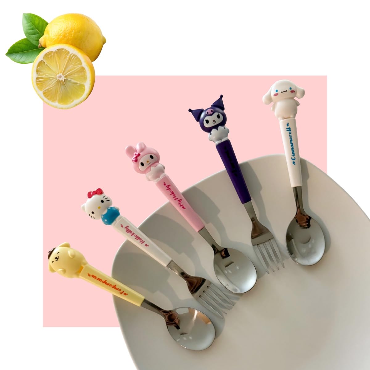 hombäde Stainless Steel Cutlery Tableware Flatware Silverware 3 Piece Set Portable Reusable Travel Cute Kawaii Anime Cartoon Dog Bunny for Boys and Girls (Pink Kitty)