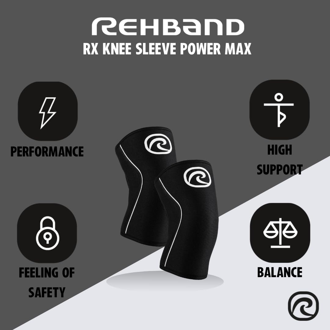 Rehband Rx Knee Sleeve Power Max, 1 piece, knee support 7mm neoprene, strongman, heavy lifting, longest knee sleeve, Colour:Black, Size:XL