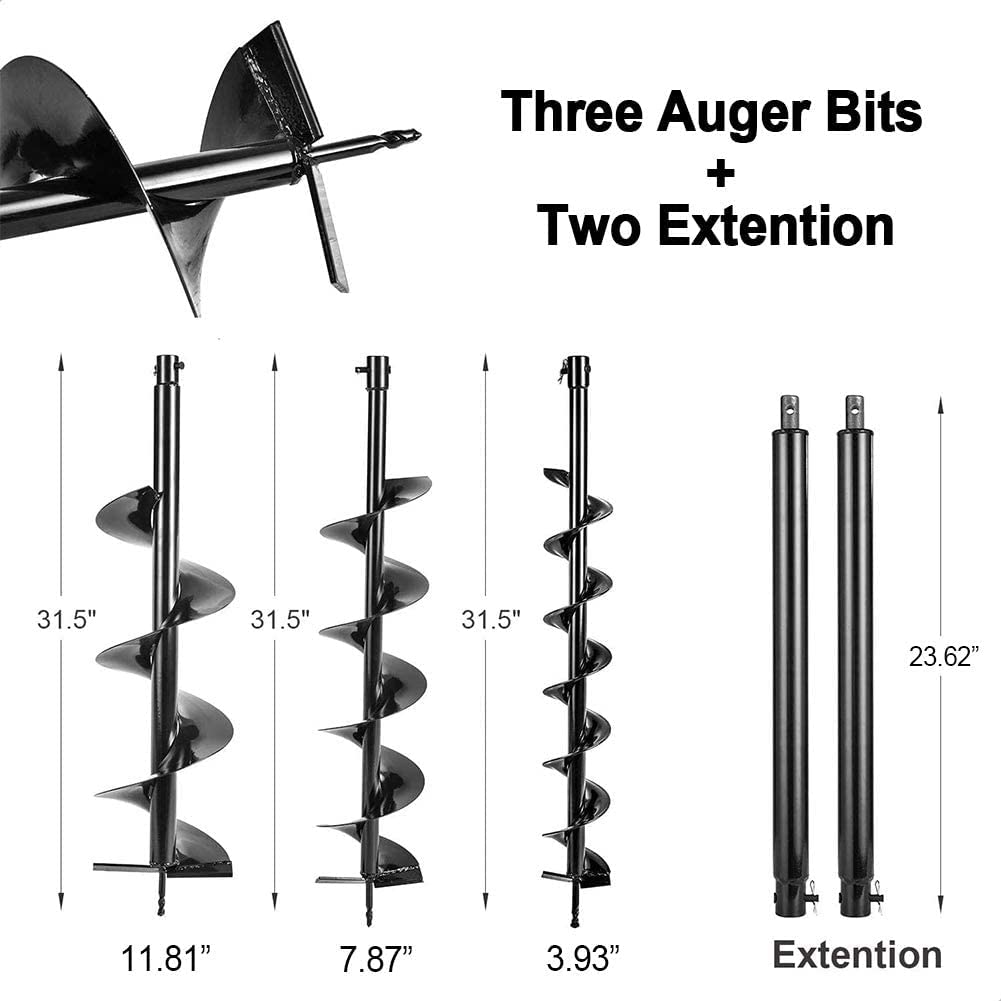PRIJESSE 72cc Post Hole Digger 2-Stroke Petrol Gas Powered Earth Digger with 3 Auger Drill Bits (4" 8" & 12") + 2 Extension Rods for Farm Garden Plant