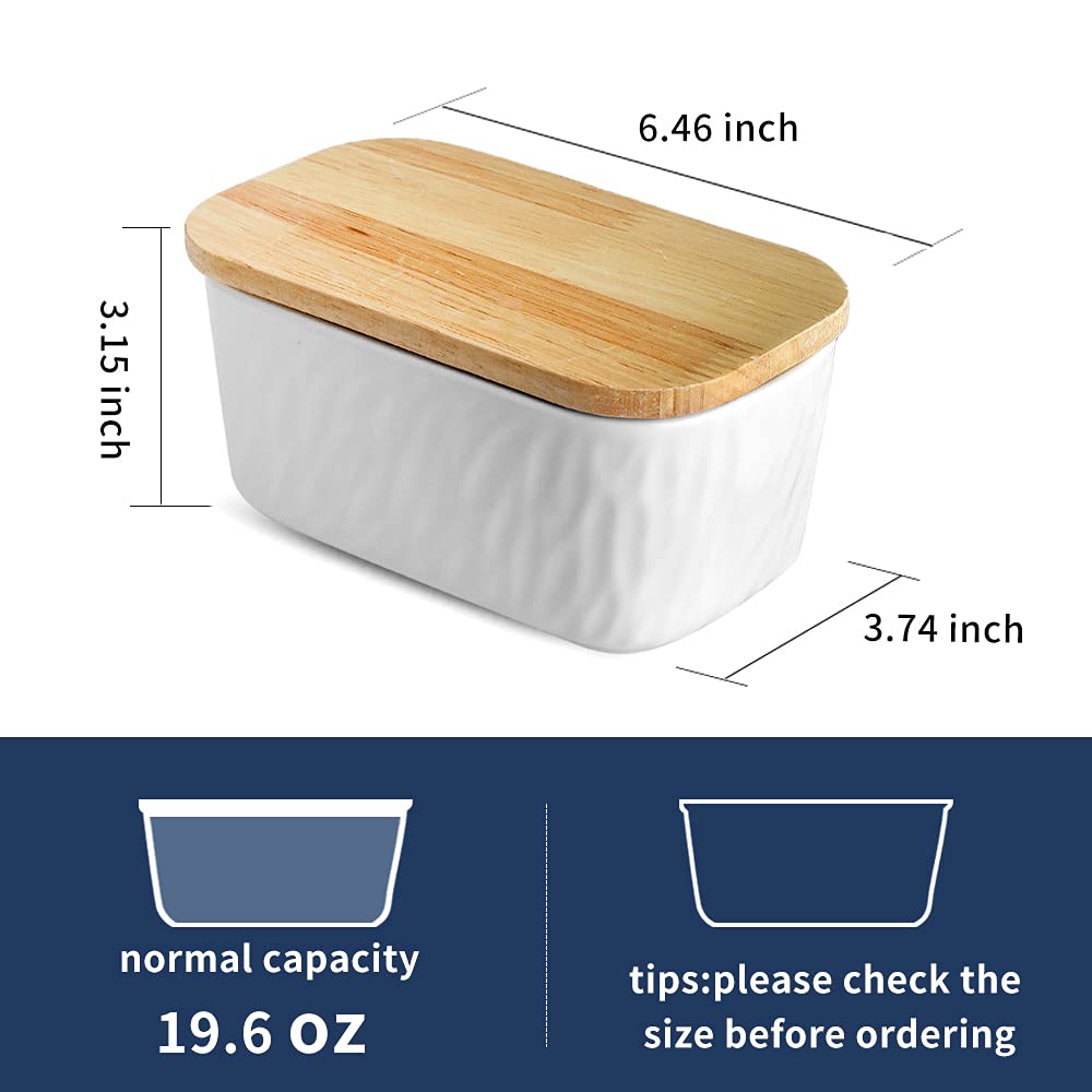 KOOV Porcelain Large Butter Dish with Lid, Airtight Butter Container with Oak Lid, Perfect for 2 Sticks, Texture Series (White)