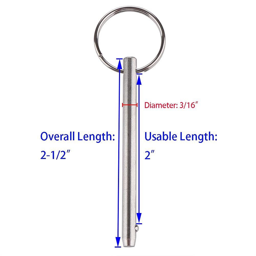 2 Pack Quick Release Pin, Diameter 3/16"(4.8mm), Overall Length 2-1/2"(65mm), Usable Length 2"(51mm), Full 316 Stainless Steel, Bimini Top Pin, Marine Hardware