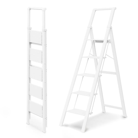 WOA WOA 5 Step Ladder, Ladders for Home, Anti-Slip Pedals, Step Stool Foldable, Lightweight to Move, Ease of Storage, Reach 10ft for Closet Kitchen Library, Hold 300lbs - White