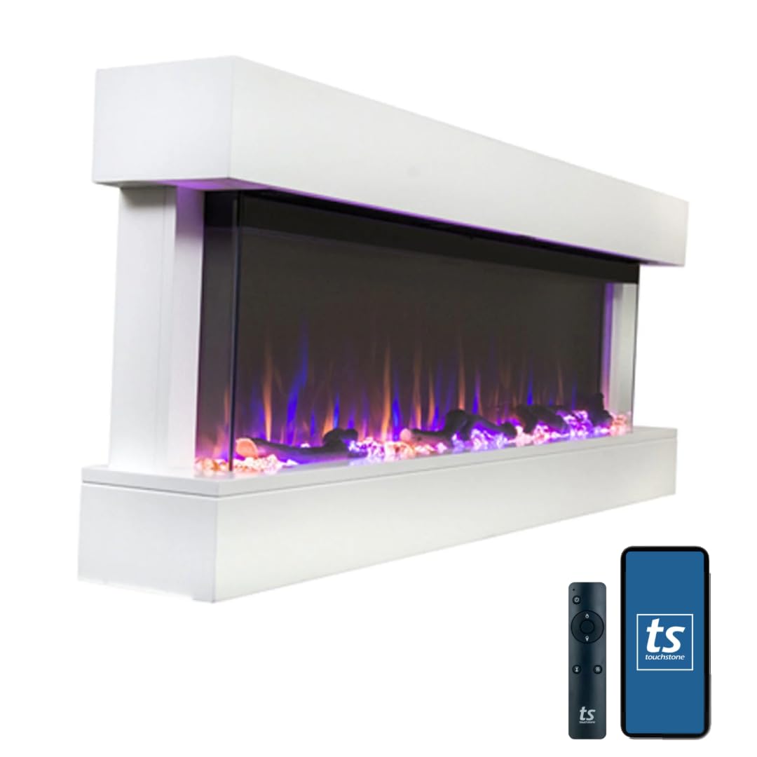 Touchstone Chesmont Smart Electric Fireplace- Wall Hanging Fireplace with 50" Wide White Floating Mantle- Alexa/WiFi Enabled-10 Color-1,500W Heater- Crystals & Driftwood-Model 80033