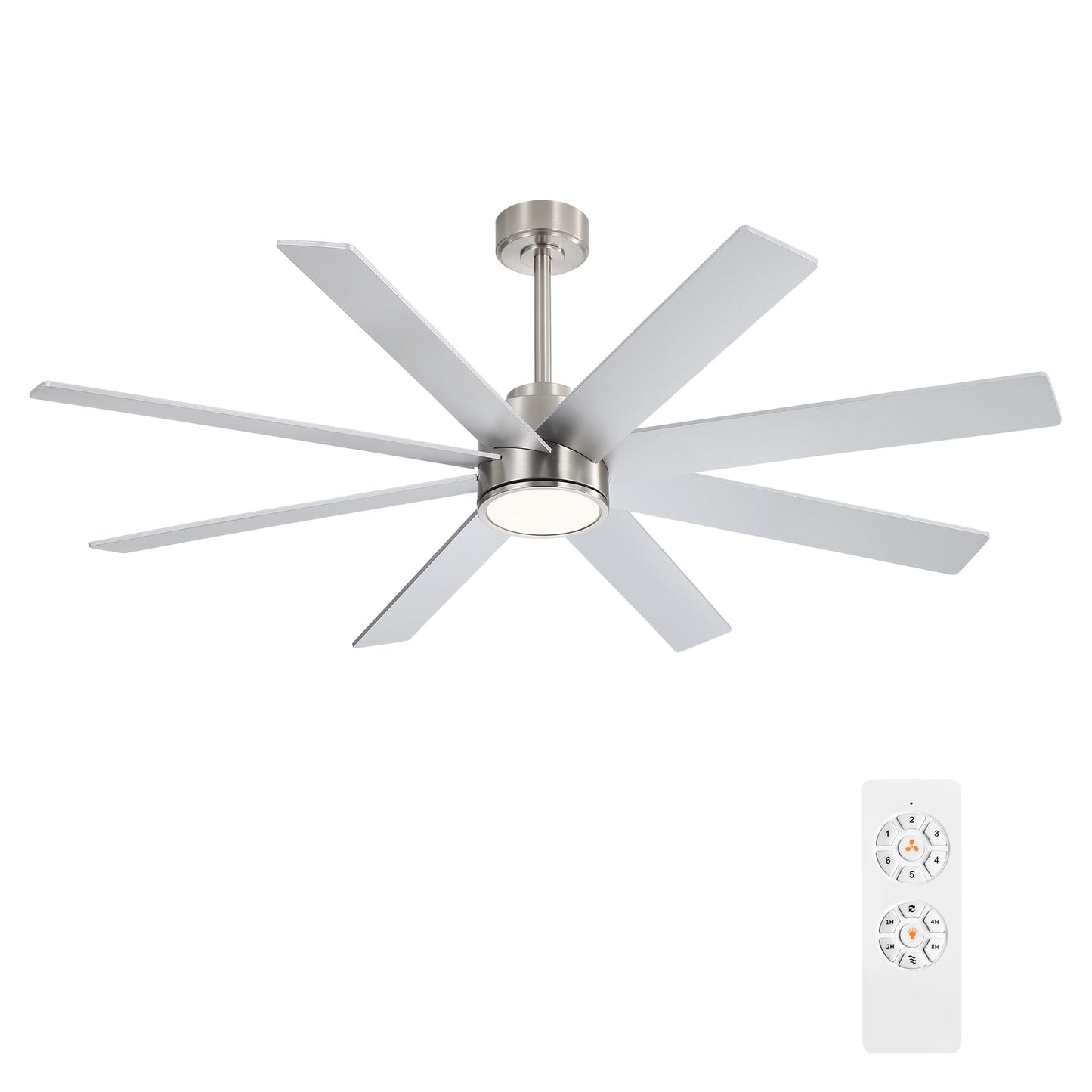 WINGBO 72" Large DC Ceiling Fans with Lights and Remote, 3 Downrods, 8 Plywood Blades, 6-Speeds Reversible DC Motor, 3CCT, Indoor Ceiling Fan for Bedroom Living Room Patio, Brushed Nickel and Silver