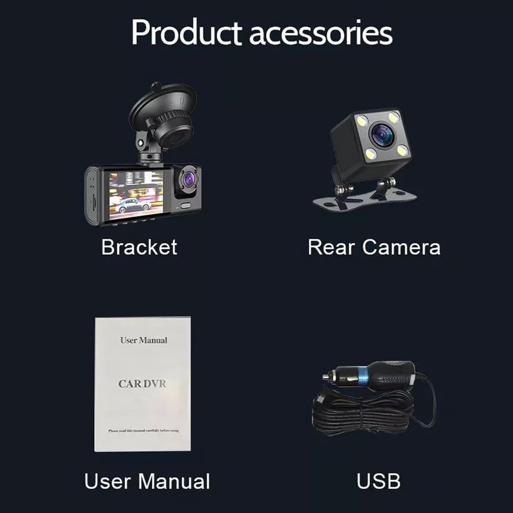 Shkalacar 3 3 Channel Dash Cam WIFI Cameras, Front Rear and Inside, Rearview Mirror Video Recording Camcorder Wide