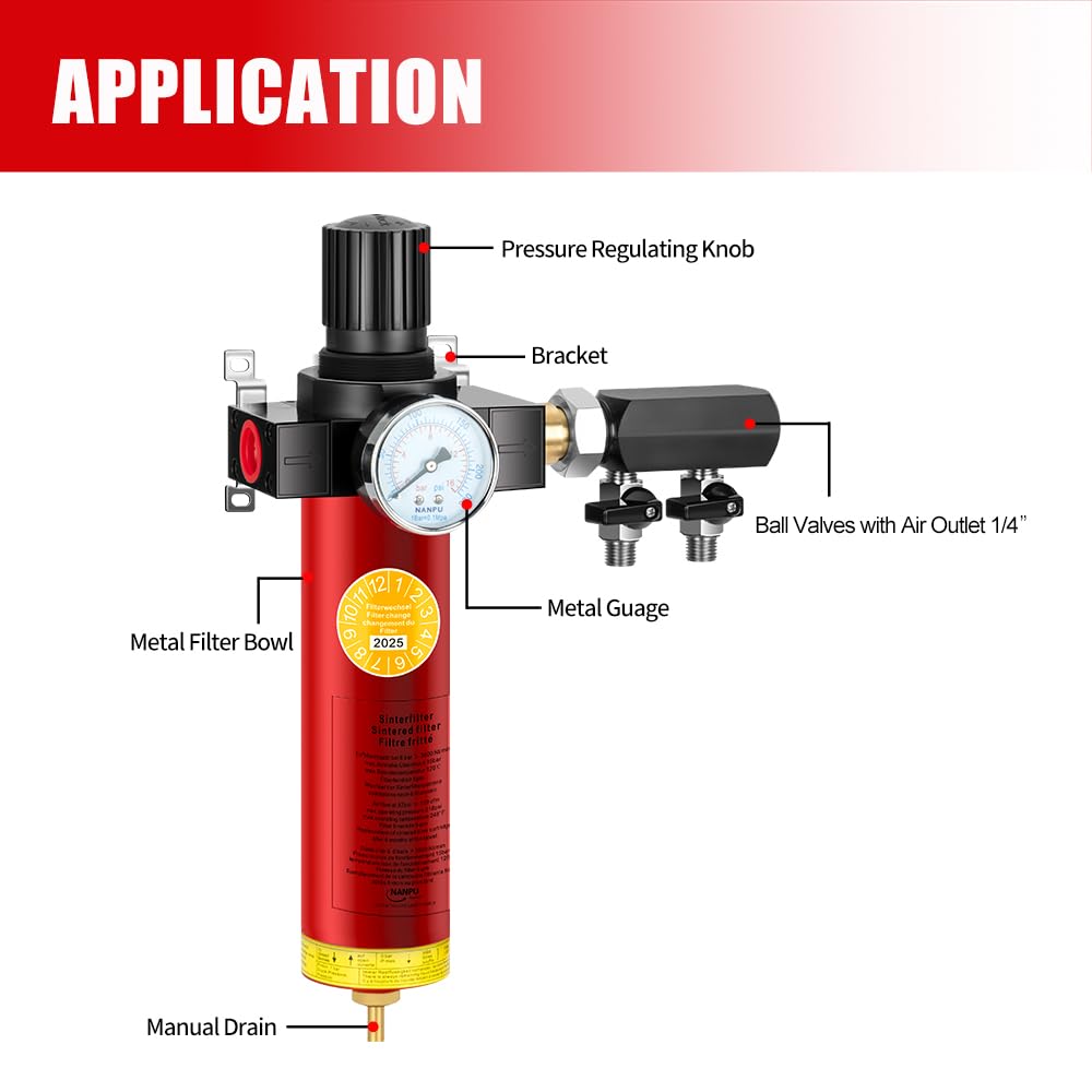 NANPU Z Series Air Filter – Sintered Filter, 3/4" NPT Inlet, 1/4" NPT Outlet Module, 0-230 psi Gauge, 127 CFM @ 6 bar, Metal Housing, Heat Resistant to 248°F (Z106-A)