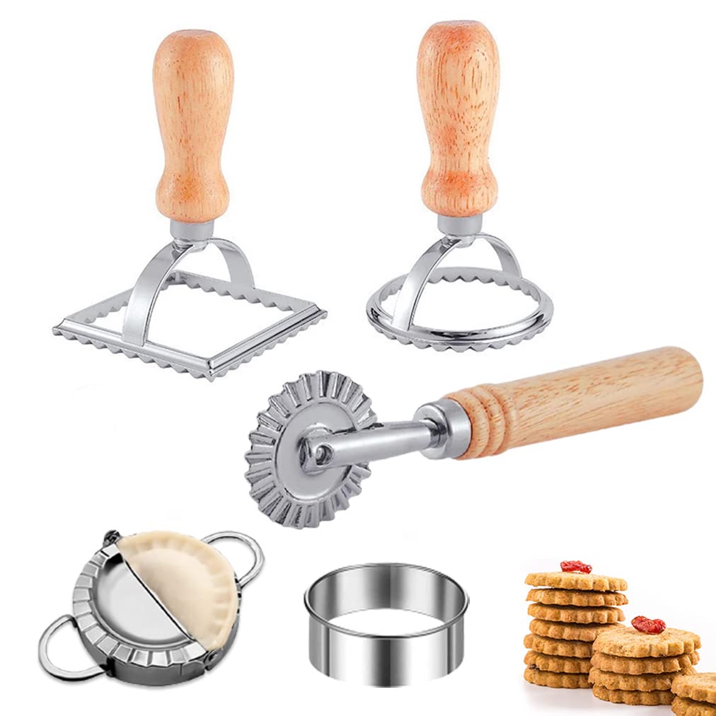 Ravioli Pasta Cutter Wheel Set of 5, Ravioli Makers with Roller Ravioli Stamp Cutter Set with Wooden Handle, Pasta Press Wheel Pasta Maker Tools For Pasta Making Dumplings, Pierogi (Silver)
