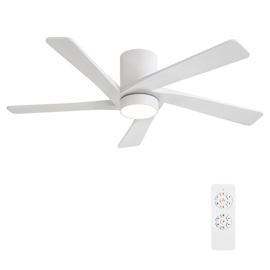 WINGBO 54 Inch Flush Mount DC Ceiling Fan with Lights and Remote, 5 Reversible Carved Wood Blades, 6-Speed Noiseless DC Motor, Hugger Ceiling Fans in White Finish, Low Profile Ceiling Fan, ETL Listed