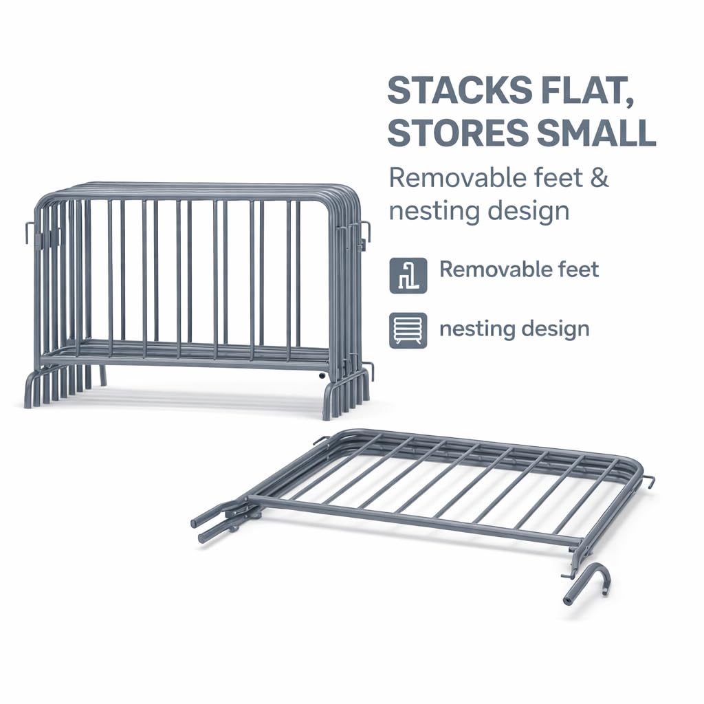 AdirPro 5 ft Crowd Control Barricade, 4-Pack | Interlocking Steel Barricade Fence | Heavy-Duty 16-Gauge Weatherproof Steel | for Events, Construction, Road Closure & Parking Lots