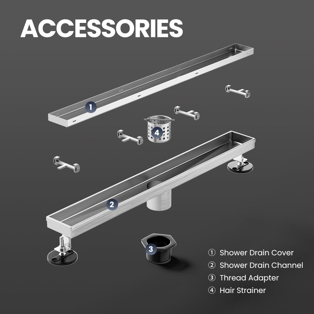 LISEEGO Linear Shower Drain 54 Inch, Brushed AISI 304 Stainless Steel Shower Drain with 2-in-1 Tile Insert Panel, for Bathroom, Kitchen, Garage & More