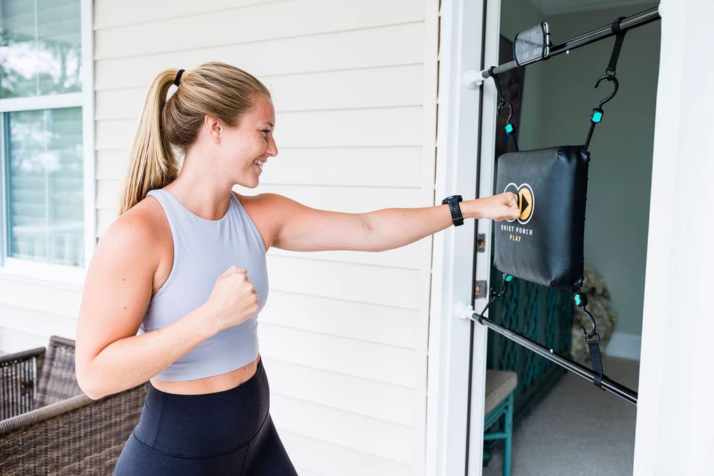 Quiet Punch Doorway Punching Bag, Phone Holder with App, 28"-36" Size, Portable Boxing, Apartment Friendly Workouts (with Punch Tracker)