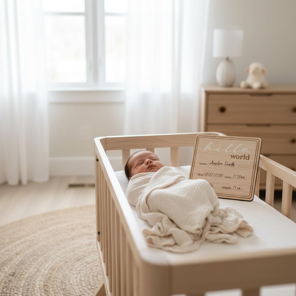 Kate & Milo Wooden Hello World Birth Announcement Photo Prop, Newborn Milestone Sign with Birth Details for Hospital
