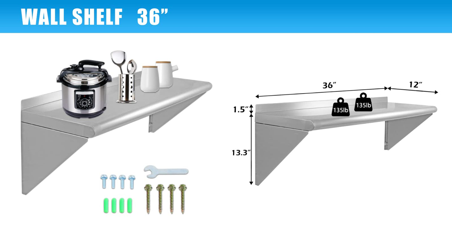 STEELBUS 12''x36'' - 2PACKS Wall Mounted Stainless Steel Shelf NSF Commercial Metal Wall Mount Floating Shelving for Kitchen, Restaurant, Food Truck,Garage,Washrooms,Home&Hotel