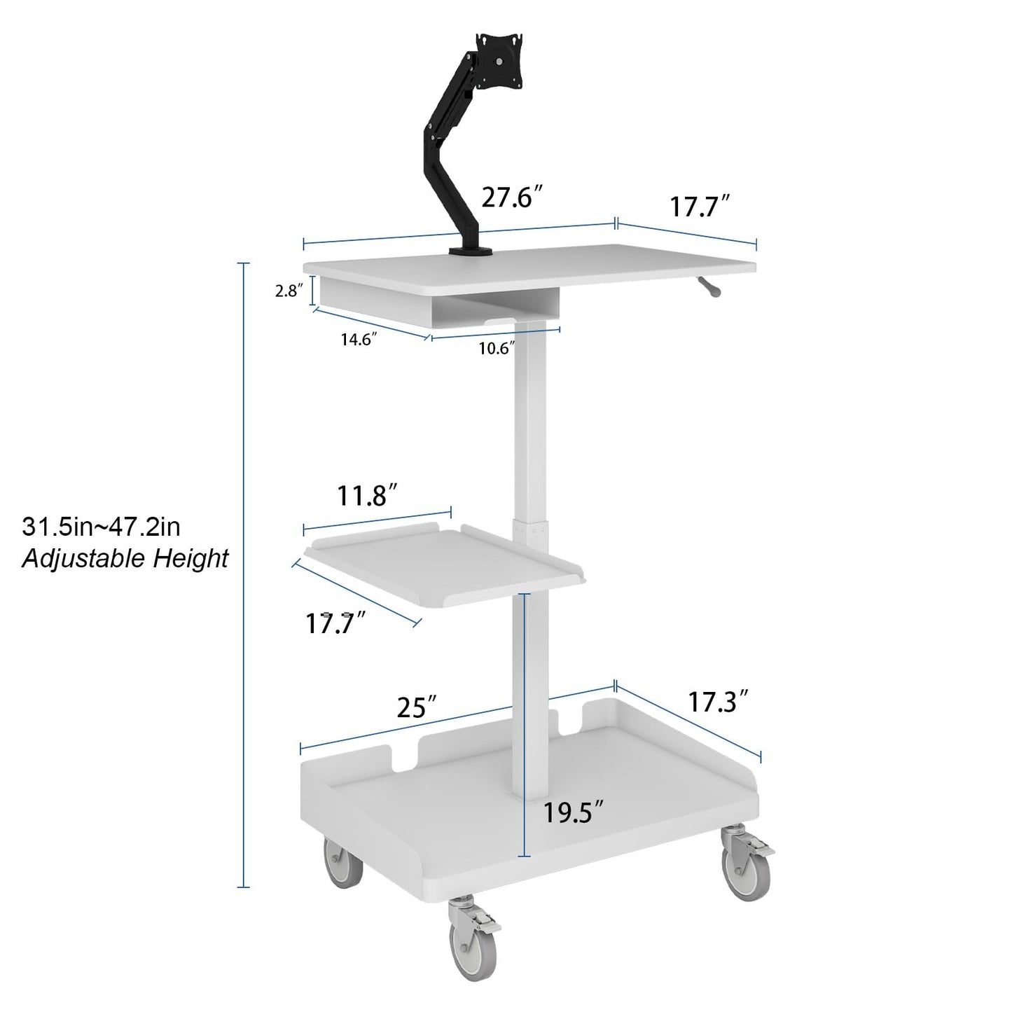 Natwind Mobile Workstation Cart with Monitor Mount,Height Adjustable Rolling Computer Cart, Heavy-Duty Rolling Standing Desk with CPU Holder for Home Office, School,Warehouse, Medical, Workshop